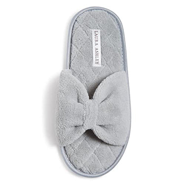 Laura Ashley Damen-Hausschuhe aus Plüsch-Frottee, offener Zehenbereich, Memory-Schaumstoff, Gummisohle, Schleifenband, Hausschuhe für Damen, Kreide-Rosa, Medium im Sale
